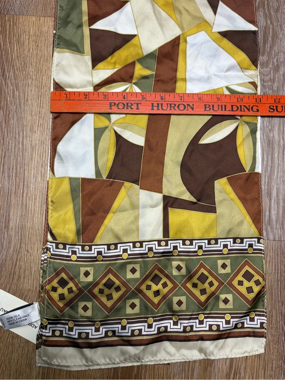 Adrienne Landau Olive, Brown & Yellow Geometric Silk Scarf